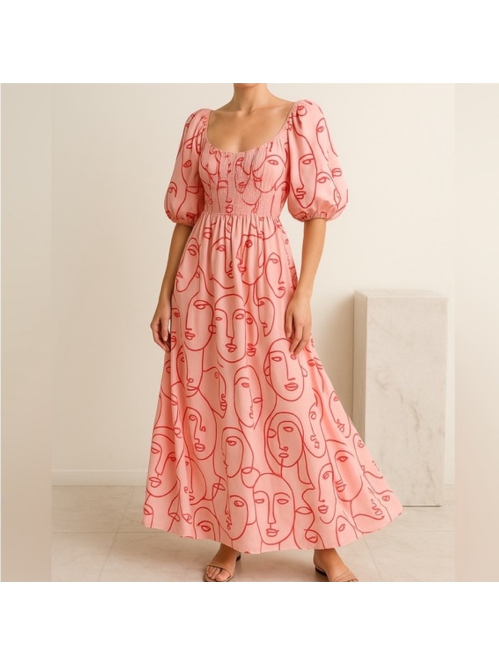 La Ligne Pink Maxi Dress with Red Abstract Face Print